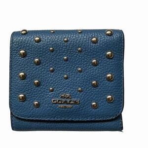 COACH Small Pebbled Leather Trifold Wallet with Ombre Rivets in Blue